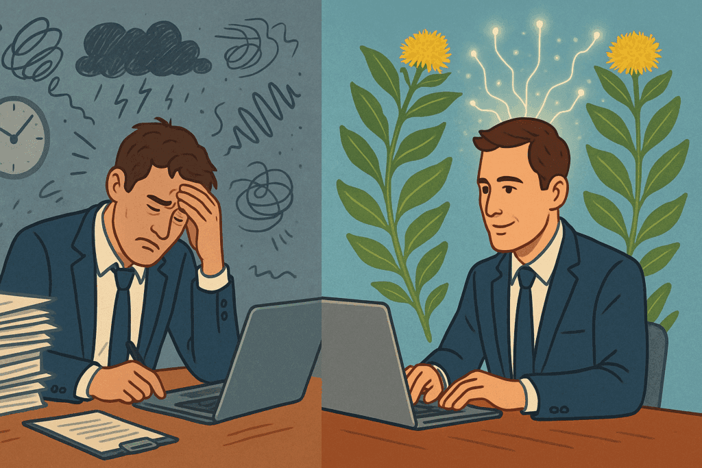 Stressed office worker at cluttered desk contrasted with a focused version of himself surrounded by glowing neural patterns and rhodiola rosea supplements in the background.