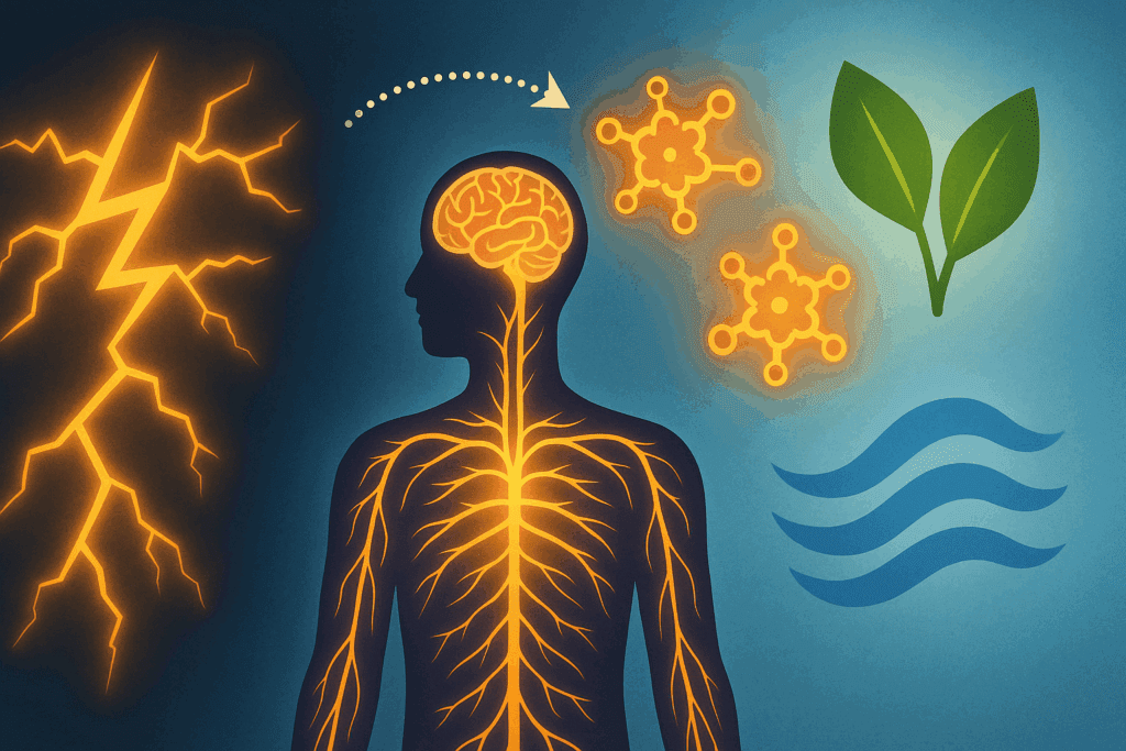 Stylized human nervous system calming as rhodiola rosea supplements neutralize stress signals into balance motifs.