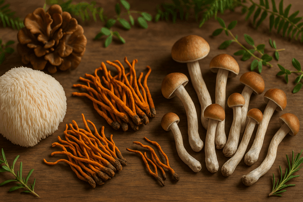 Body feel shrooms like Lion’s Mane, Cordyceps, and psilocybin mushrooms displayed on a wooden surface with natural botanicals