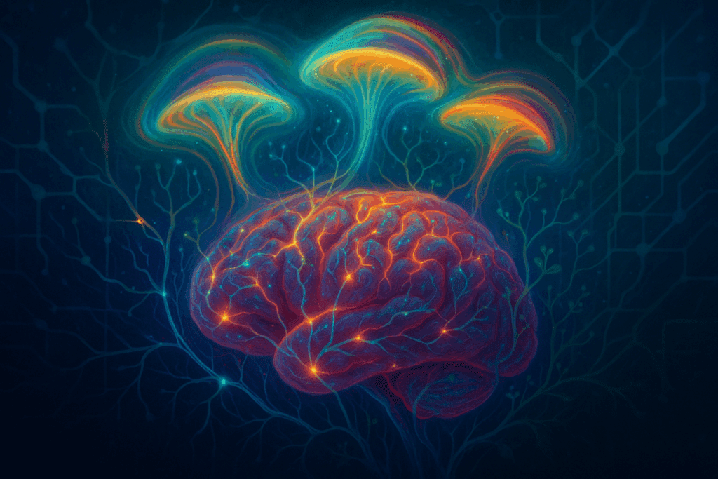 Surreal digital artwork of a glowing human brain with neural circuits and mushroom-shaped energy waves symbolizing the effects of body feel shrooms on synaptic activity.