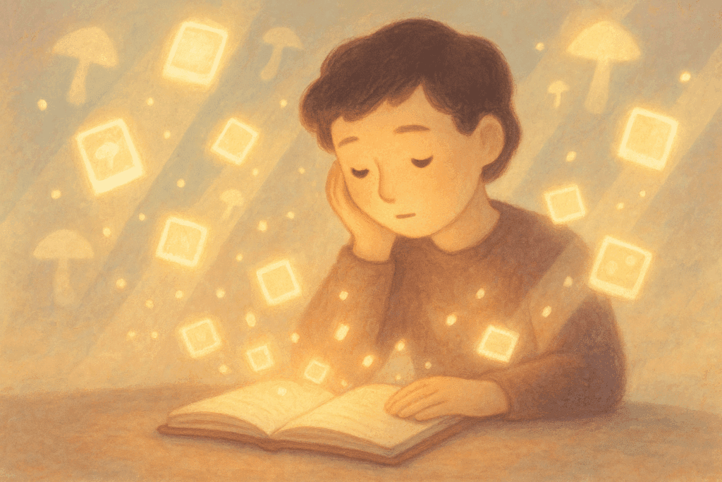 Person reflecting over an open journal as glowing memory fragments and mushroom silhouettes float around them, symbolizing the introspective effects of body feel shrooms.