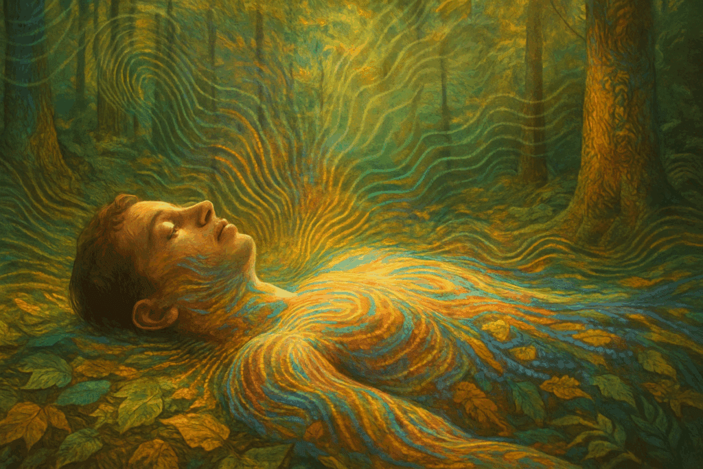 Man lying peacefully in a forest clearing with glowing patterns radiating from his body, illustrating the sensory expansion of body feel shrooms.