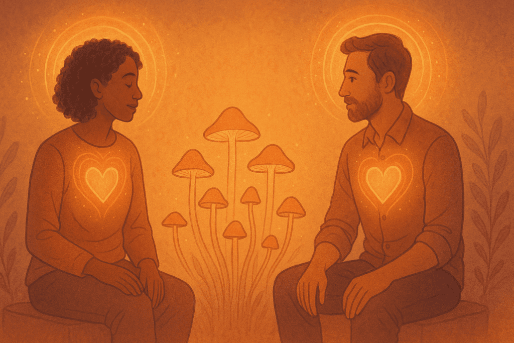 Two people in warm-toned conversation with glowing hearts and halos, connected by blooming body feel shrooms symbolizing emotional clarity.