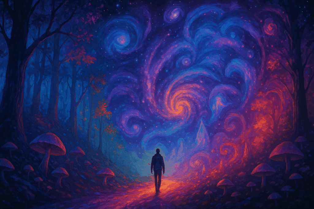 Person walking along a glowing forest path that transforms into swirling galaxies and dreamlike visions, symbolizing a journey through the subconscious on body feel shrooms