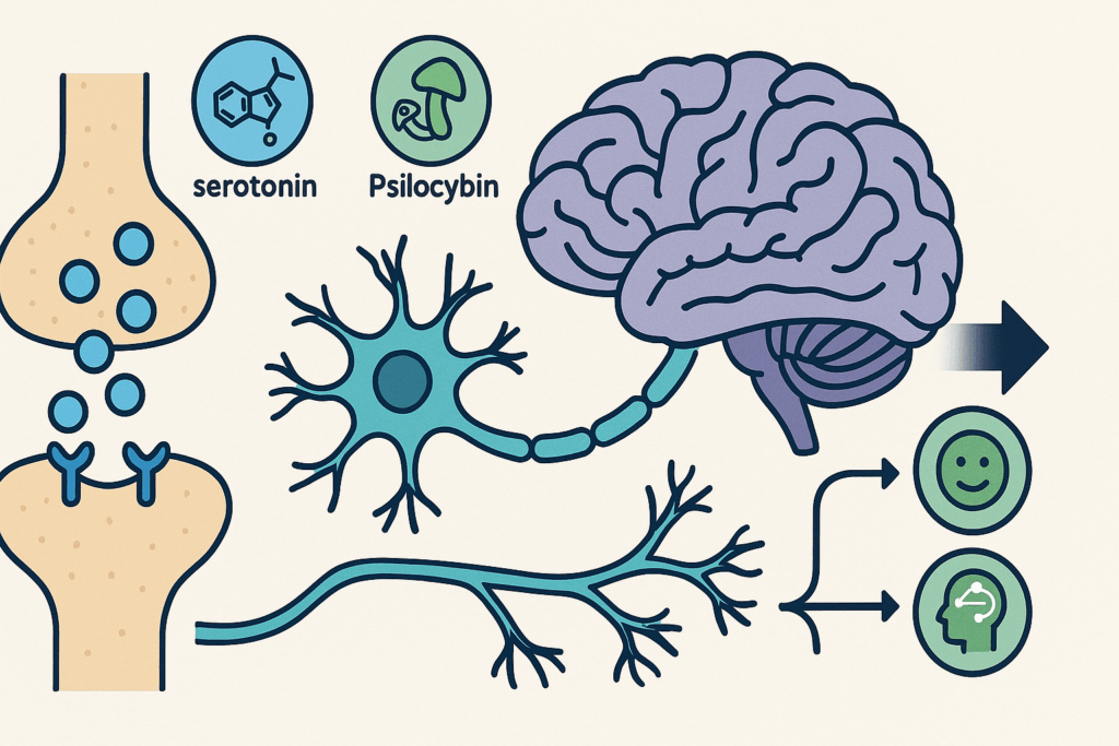 Infographic showing how body feel shrooms like psilocybin mimic serotonin in the brain to enhance mood, cognition, and neuroplasticity