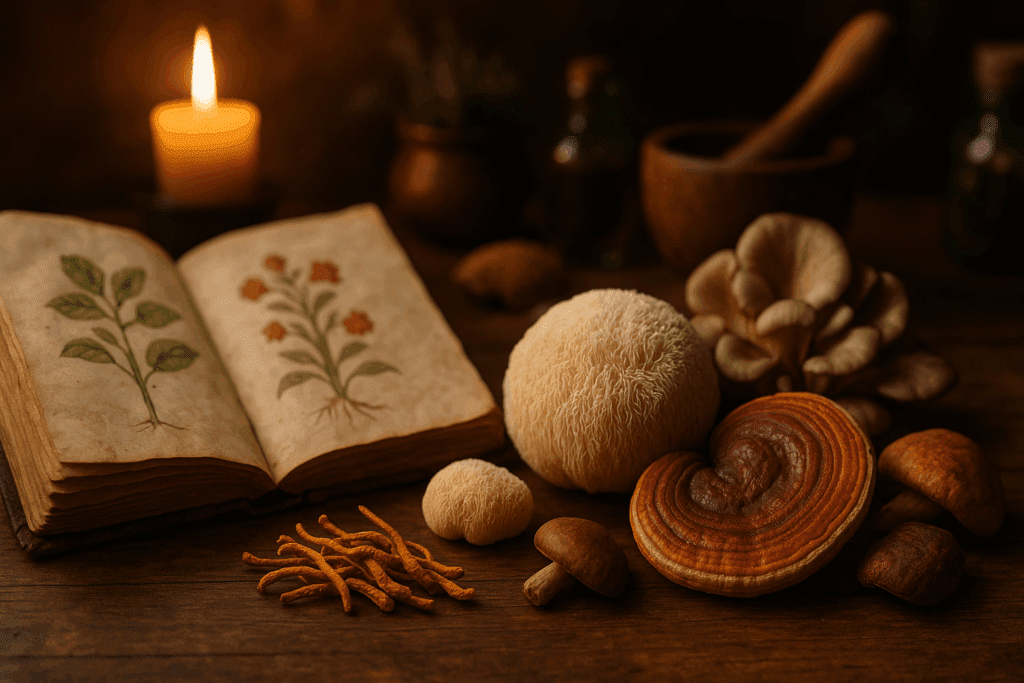 Ancient herbal manuscript open beside Lion’s Mane, Reishi, and other medicinal fungi used in natural remedies, symbolizing the best mushroom for fatty liver.