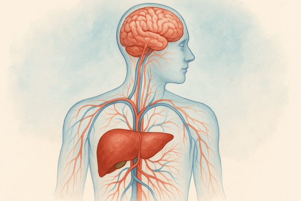 Medical illustration showing the liver and brain connected by blood vessels and nerves, symbolizing how the best mushroom for fatty liver may support brain health.