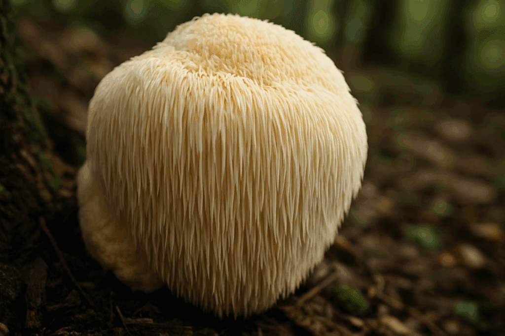 Lion’s Mane mushroom with cascading white spines growing on a forest floor, representing the best mushroom for fatty liver.