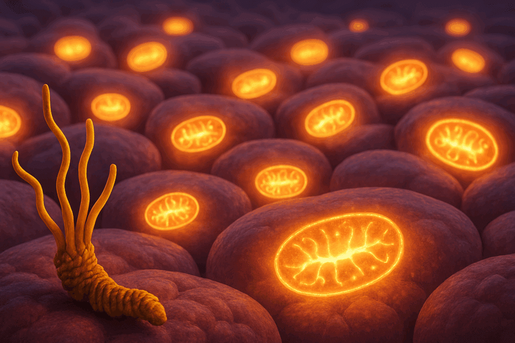 Glowing mitochondria inside liver cells with a Cordyceps mushroom in the foreground, symbolizing the best mushroom for fatty liver and cellular energy support.
