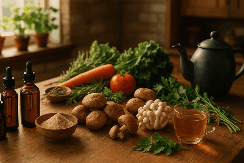 Rustic kitchen table with nootropic mushroom supplements, fresh vegetables, and herbs arranged for the best mushroom for fatty liver wellness routine.