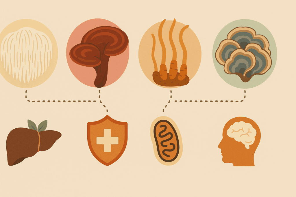 Infographic showing synergistic health benefits of Lion’s Mane, Reishi, Cordyceps, and Turkey Tail to identify the best mushroom for fatty liver.