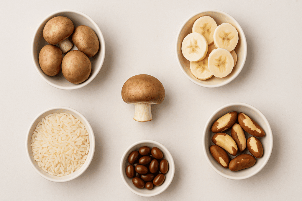 Bowls of banana slices, Brazil nuts, rice, and supplements arranged around a crimini mushroom, visually illustrating the nutritional value of crimini mushrooms.