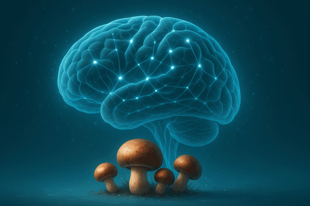 Glowing human brain with interconnected synapses nourished by crimini mushrooms, symbolizing the nutritional value of crimini mushrooms for cognitive health.