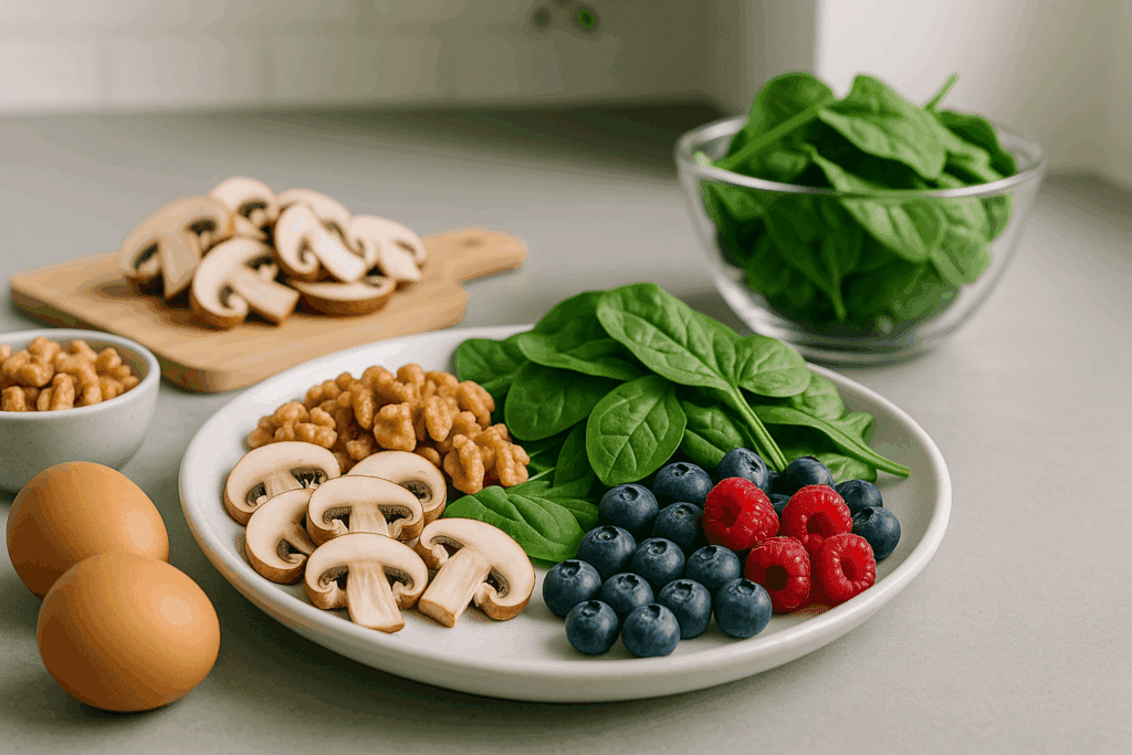 Fresh ingredients highlighting the nutritional value of crimini mushrooms, walnuts, leafy greens, eggs, and berries on a kitchen counter.