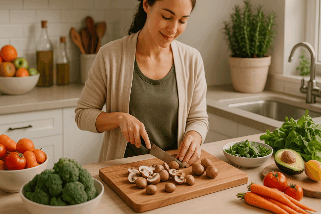 Nutritionist slicing cremini mushrooms in a bright kitchen surrounded by fresh vegetables, highlighting the nutritional value of crimini mushrooms.