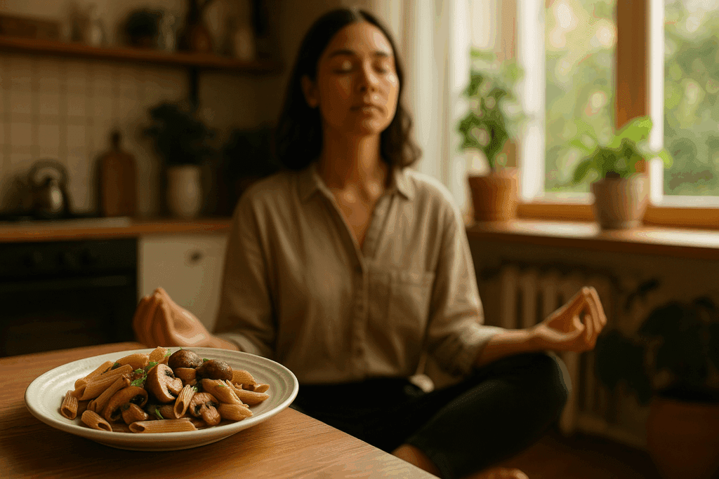 Person meditating in a cozy kitchen with a plate of pasta highlighting the nutritional value of crimini mushrooms in the foreground.