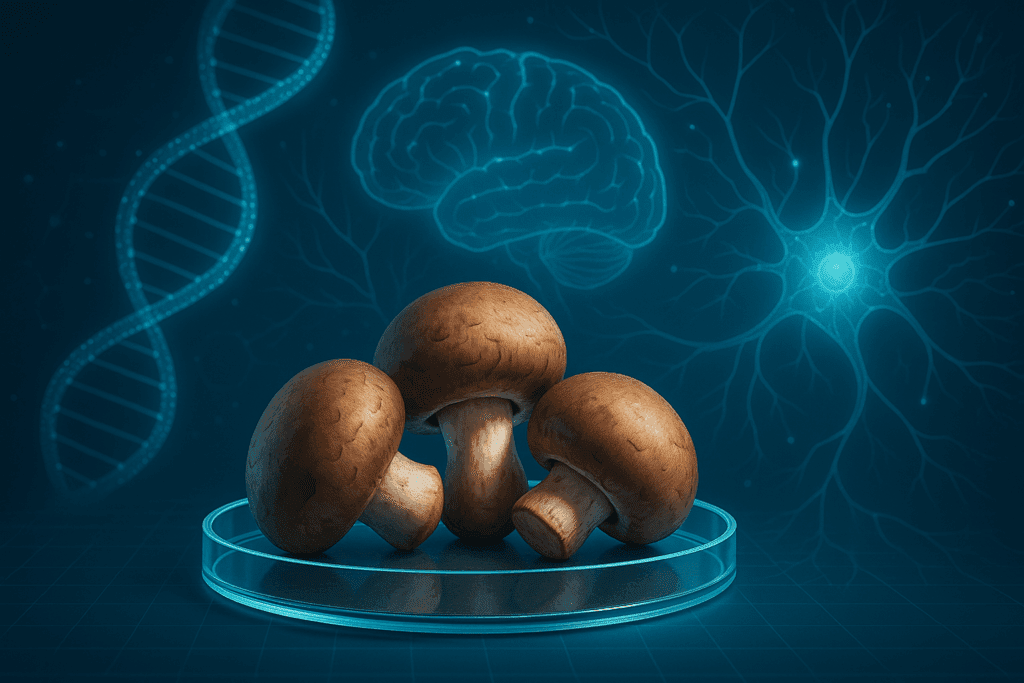 Crimini mushrooms on a petri dish with glowing DNA strands and brain neurons highlighting the nutritional value of crimini mushrooms in brain health research