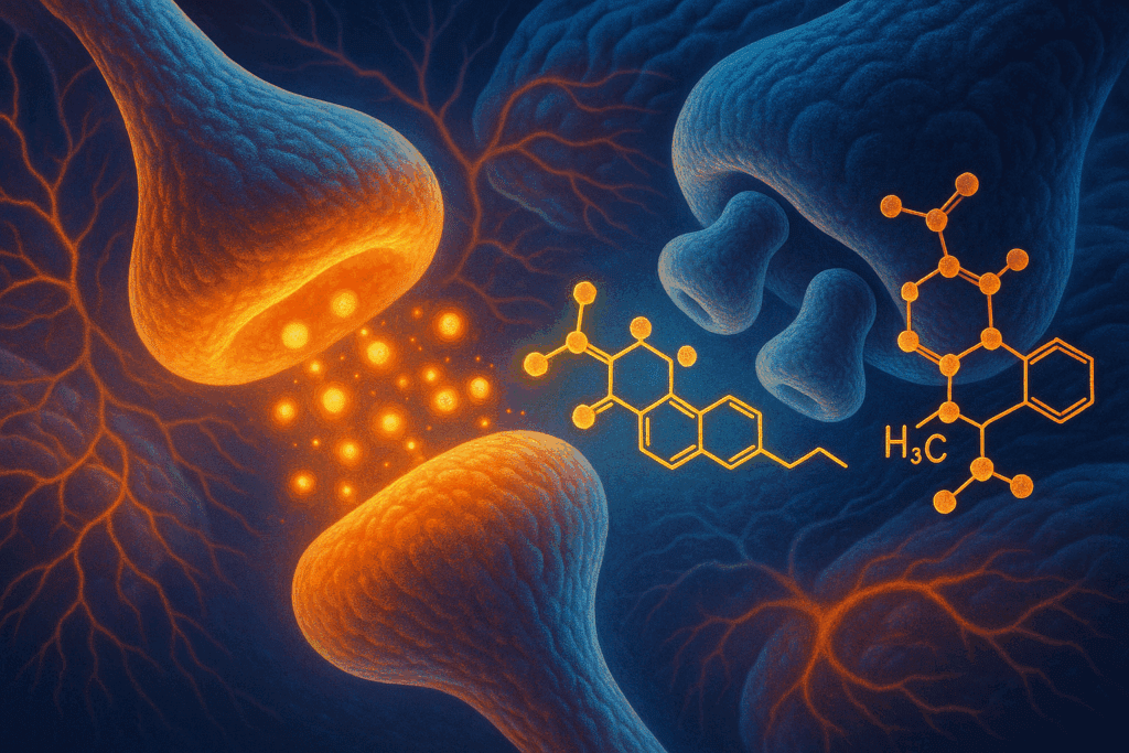 Delta 8 shrooms interacting with CB1 receptors in a human brain synapse, with glowing neurotransmitters showing mental clarity.