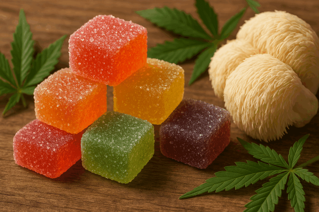 Colorful delta 8 shrooms gummies stacked on a wooden table with sliced Lion’s Mane mushroom and hemp leaves nearby