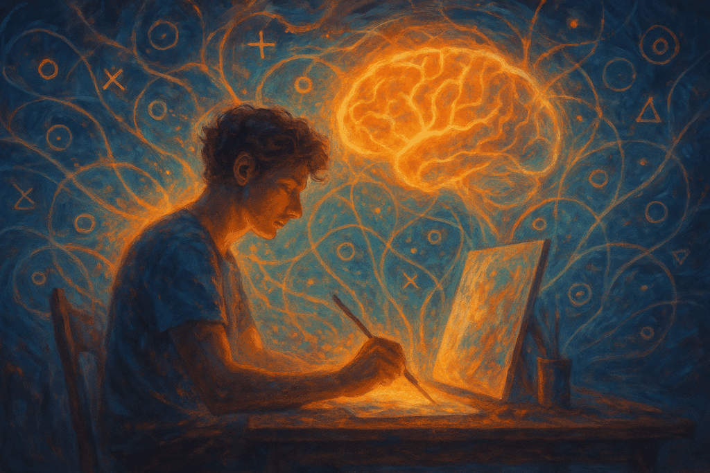 Person immersed in painting, surrounded by glowing brainwaves and neural symbols, visualizing the mental flow state effects of delta 8 shrooms