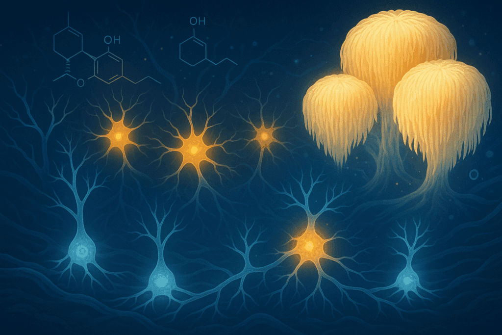 Neurons regenerating and connecting in the hippocampus with glowing Lion’s Mane mushrooms and delta 8 shrooms in the background
