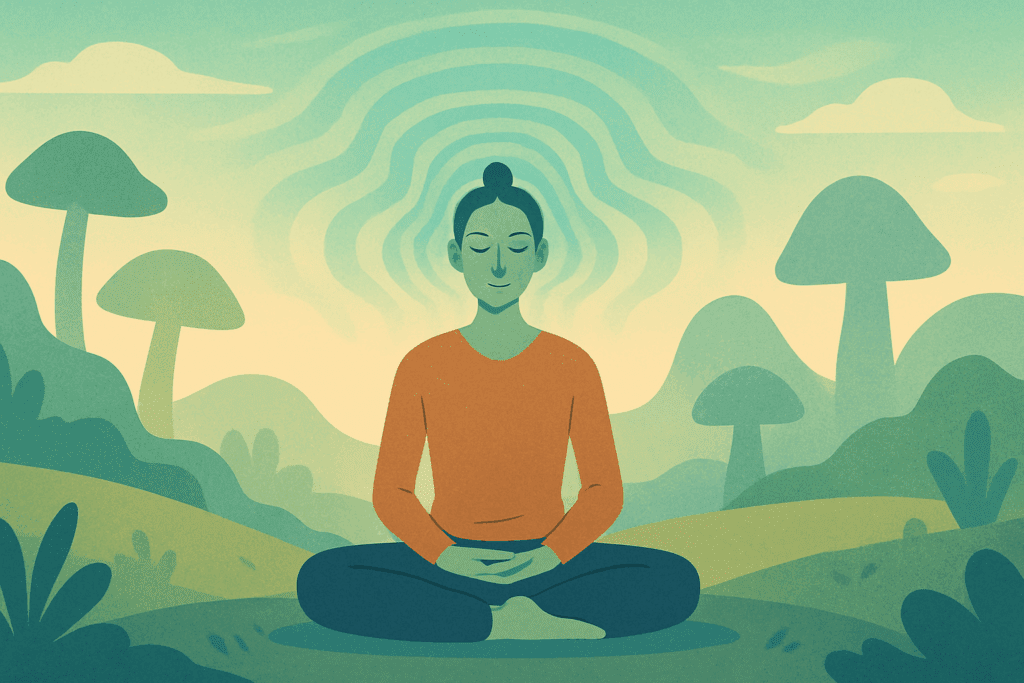 Person meditating peacefully in nature with mushroom-shaped trees and calming blue-green energy waves, symbolizing emotional clarity from delta 8 shrooms