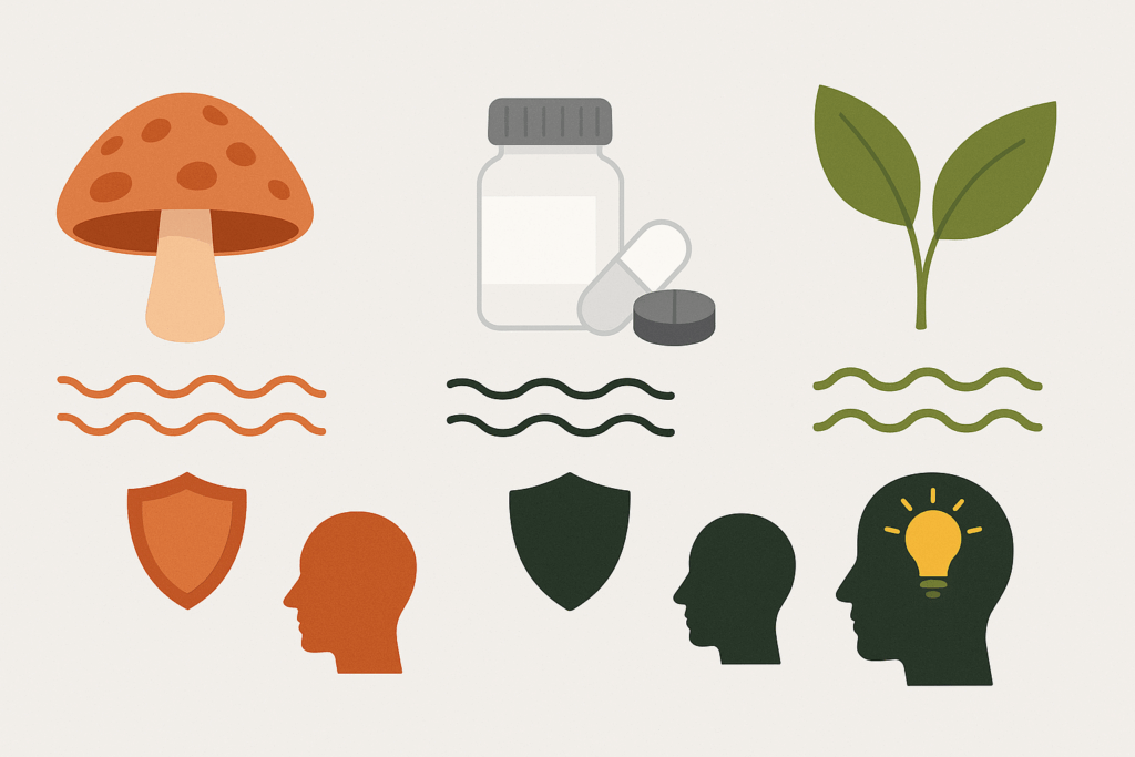 Diagram comparing delta 8 shrooms, synthetic nootropics, and herbal supplements using icons for stimulation, brain protection, and cognitive effects.