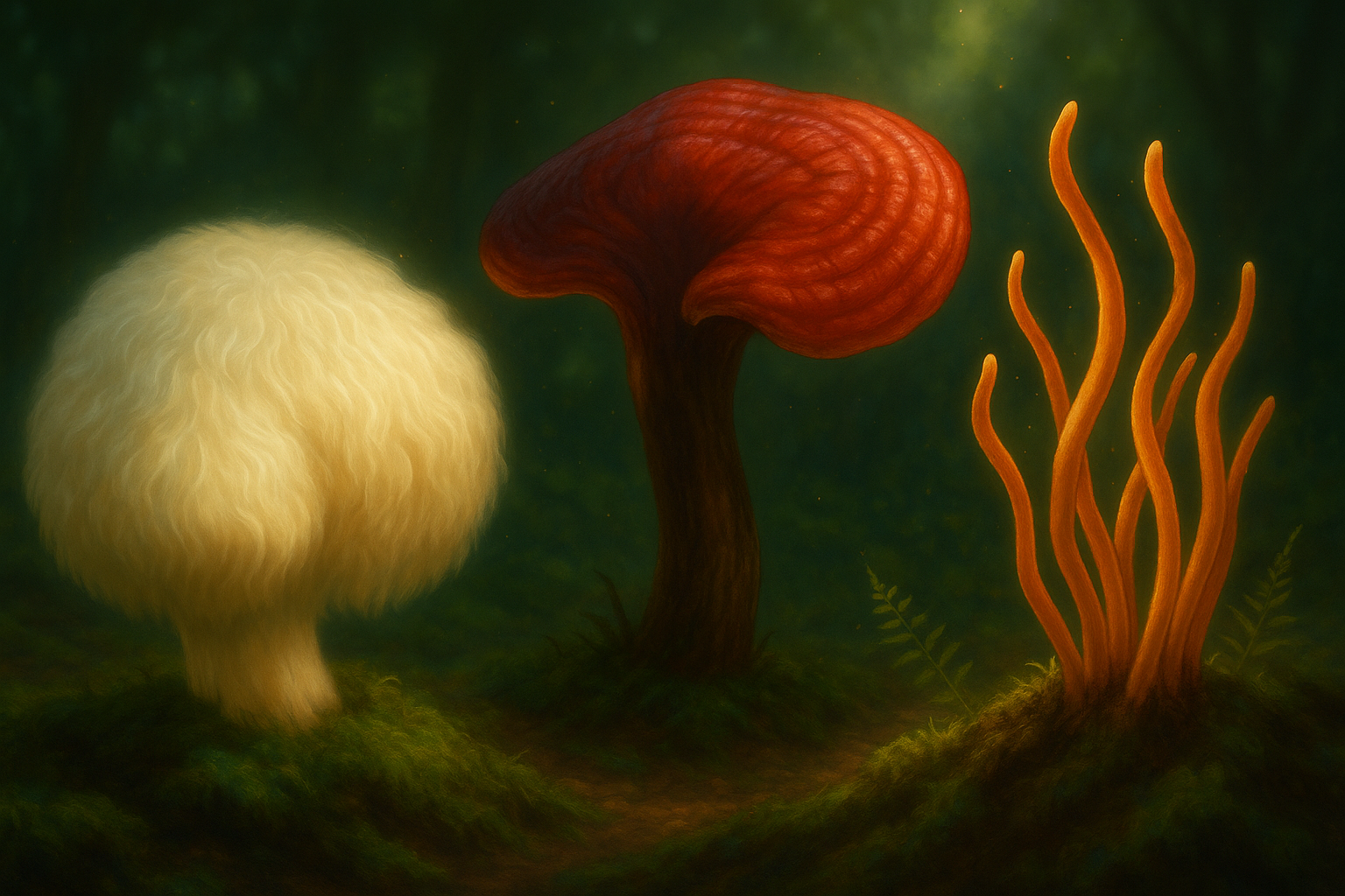 Lion’s Mane, Reishi, and Cordyceps mushrooms glowing on a lush forest floor, symbolizing the natural power of delta 8 shrooms.