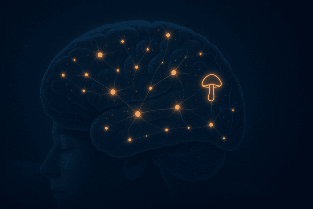 Human brain in deep sleep showing glowing neural pathways and a symbolic mushroom near the prefrontal cortex, illustrating the effects of magic mushrooms for sleep.
