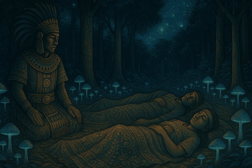 Mesoamerican-inspired sleep ritual under starry skies, with bioluminescent magic mushrooms for sleep glowing around resting figures in a forest.