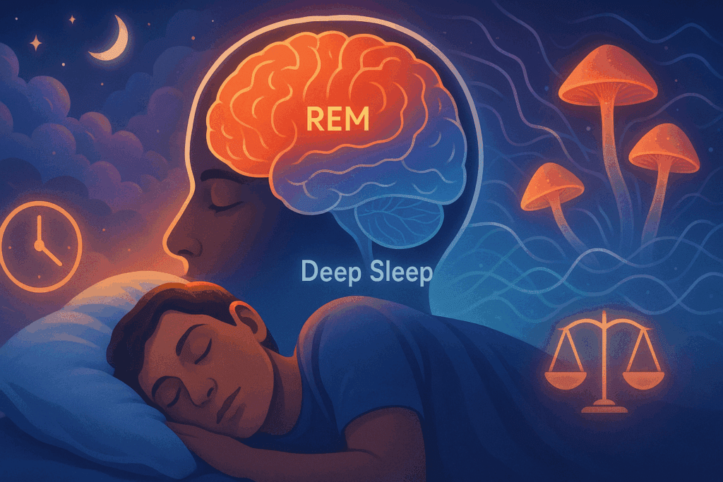 Sleeping person with brain overlays showing REM and deep sleep, surrounded by dreamscapes, neural waves, and magic mushrooms for sleep.