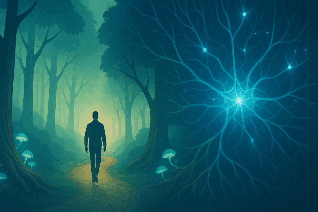 Person walking through a forest that transforms into a glowing neural network, symbolizing mental clarity supported by magic mushrooms for sleep"