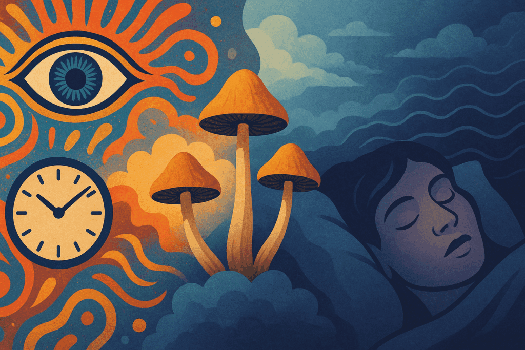 Split-scene illustration showing heightened alertness with open eye and clock on one side, and deep rest on the other, connected by magic mushrooms for sleep.