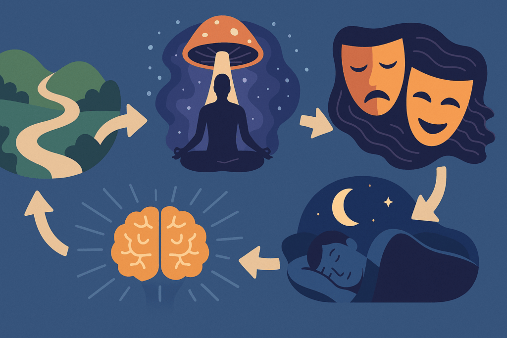 Conceptual infographic showing the effects of magic mushrooms for sleep, including a winding path, meditative figure, emotional release masks, glowing brain, and restful sleep scene.