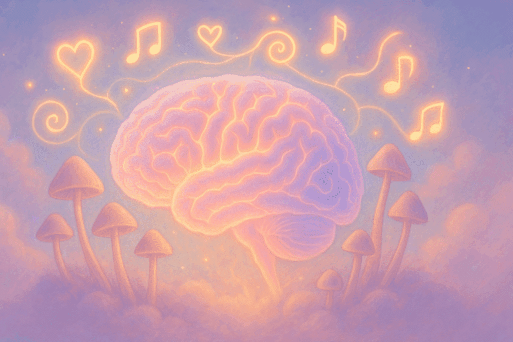 Dreamy illustration of a glowing brain during REM sleep surrounded by psilocybin mushrooms and floating icons, symbolizing the healing power of magic mushrooms for sleep.