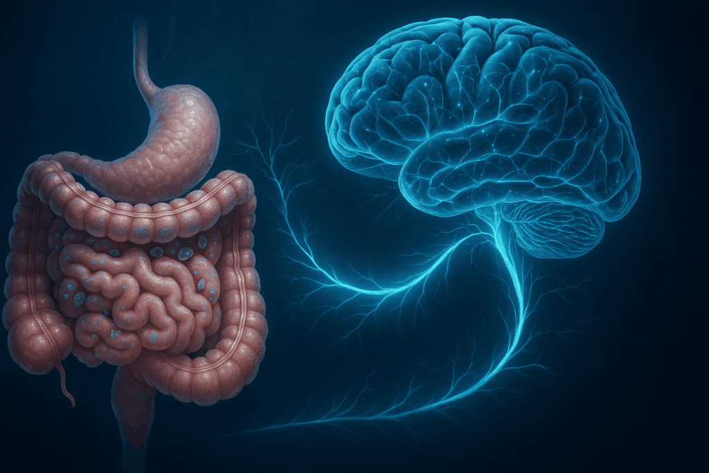 Glowing vagus nerve connecting human brain and intestines with visual elements symbolizing microbiota and mushroom supplements for gut health