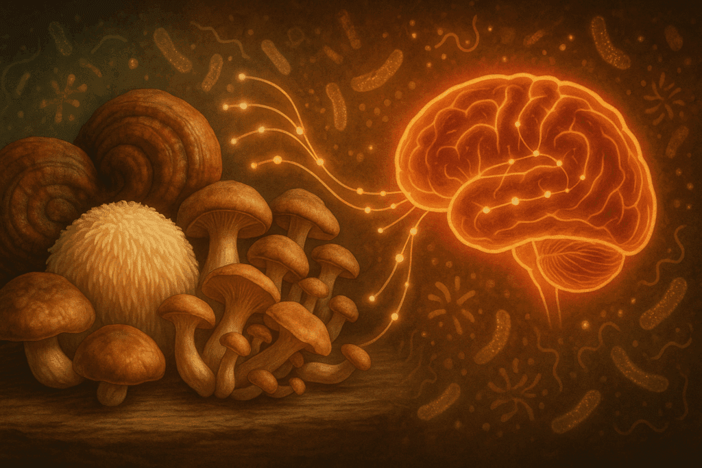 Medicinal mushrooms linked to a glowing brain through neural pathways, symbolizing how mushroom supplements for gut health support cognitive function