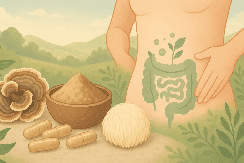 Natural landscape with turkey tail and lion’s mane mushroom supplements for gut health beside a calm abdomen illustration showing digestive relief