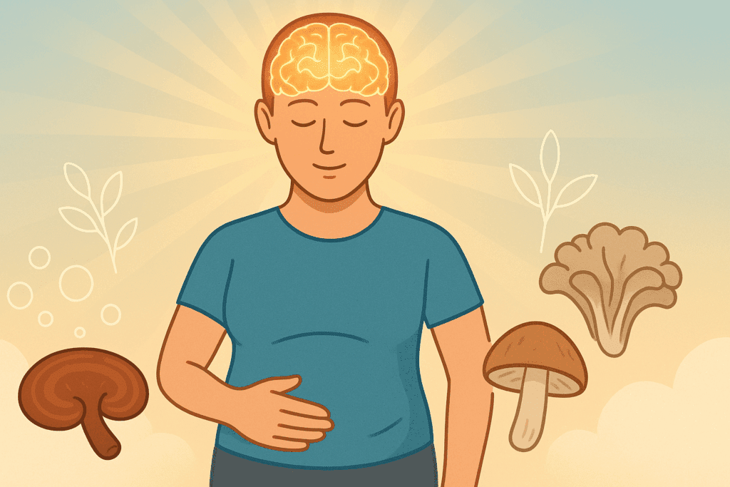 Person with a relaxed belly and glowing brain surrounded by medicinal mushrooms and faded bubbles, symbolizing the effects of mushroom supplements for gut health.