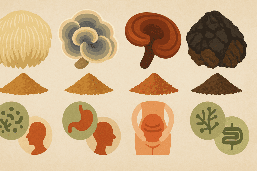 Infographic comparing mushroom supplements for gut health with illustrations of lion’s mane, turkey tail, reishi, and chaga showing digestive benefits.