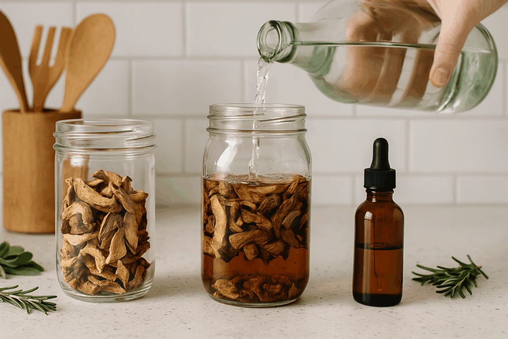 Step-by-step process showing the benefits of mushroom tincture: dried mushrooms in a jar, alcohol infusion, and amber dropper bottle on a rustic kitchen counter with herbs and wooden utensils.