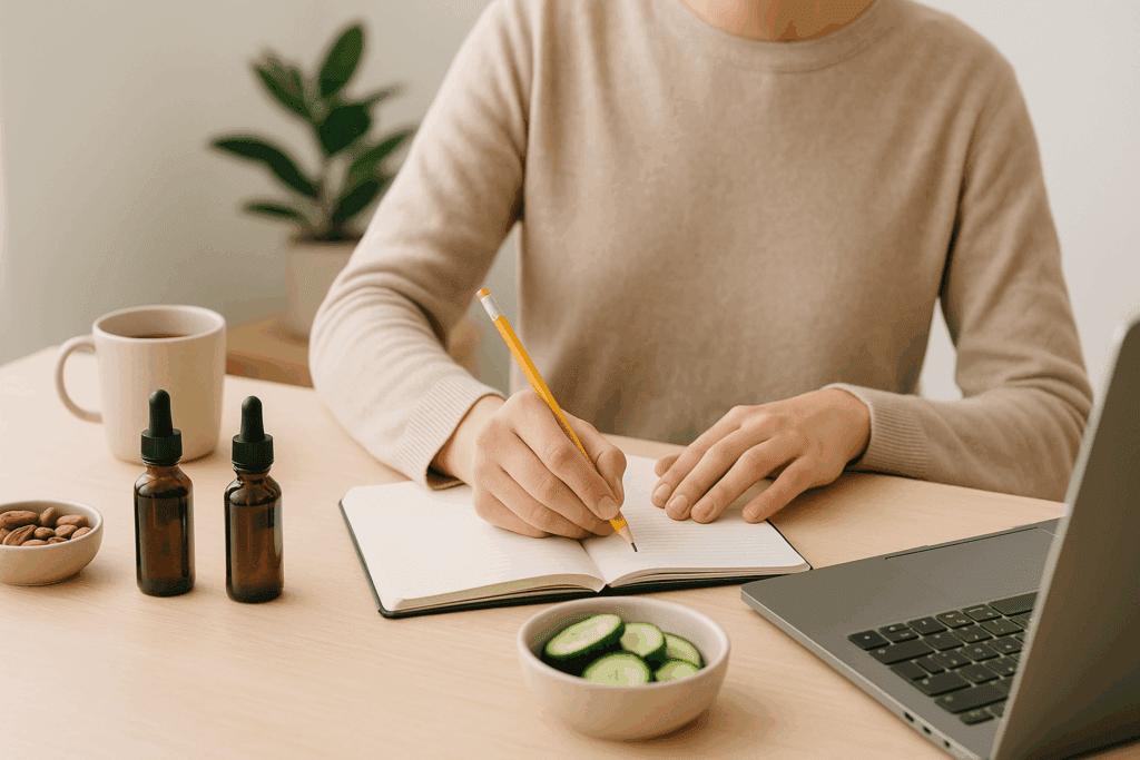 Person studying at a minimalist desk with mushroom tinctures, healthy snacks, and a laptop, highlighting the benefits of mushroom tincture for focus and clarity