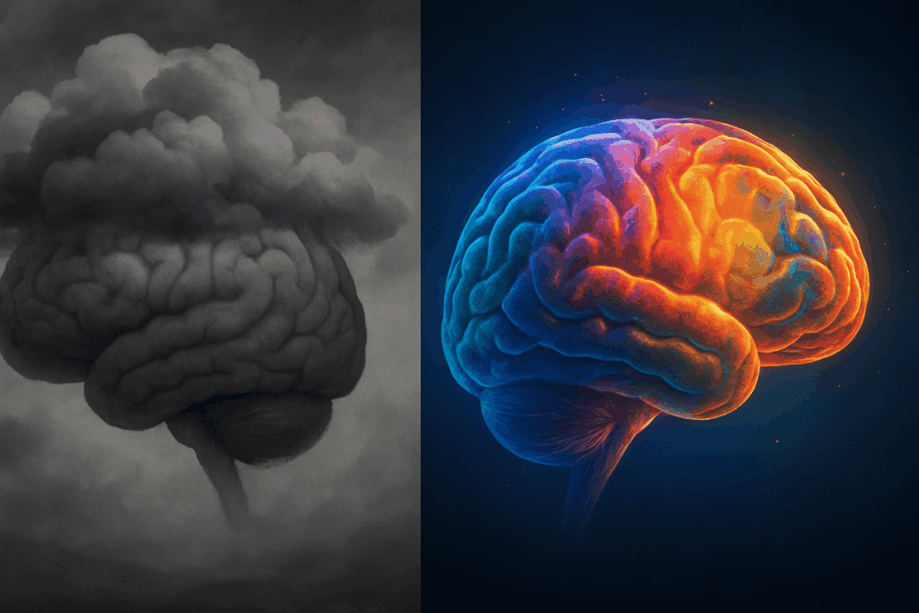 Conceptual brain transformation showing the benefits of mushroom tincture—left side clouded and foggy, right side vibrant and focused