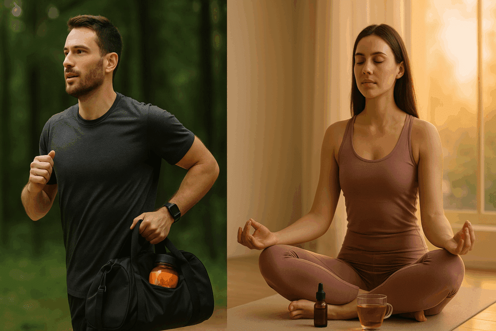 Man jogging with cordyceps in a gym bag beside a woman meditating near herbal tea and mushroom tincture, illustrating the benefits of mushroom tincture for gender-specific wellness.