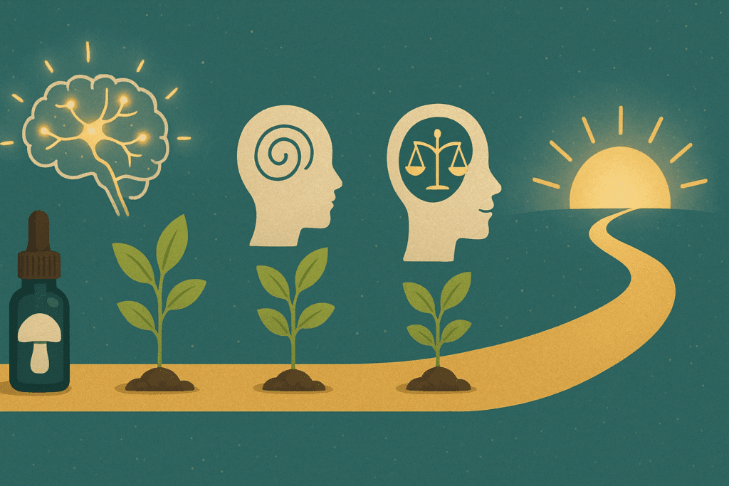 Conceptual timeline illustrating the benefits of mushroom tincture with symbols of brain health, emotional balance, and vitality along a sunrise path