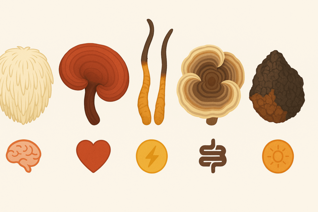 Infographic-style illustration comparing five mushrooms—Lion’s Mane, Reishi, Cordyceps, Turkey Tail, and Chaga—highlighting cognitive, immune, and metabolic benefits of mushroom tincture with minimal icons for brain, heart, energy, gut, and wellness
