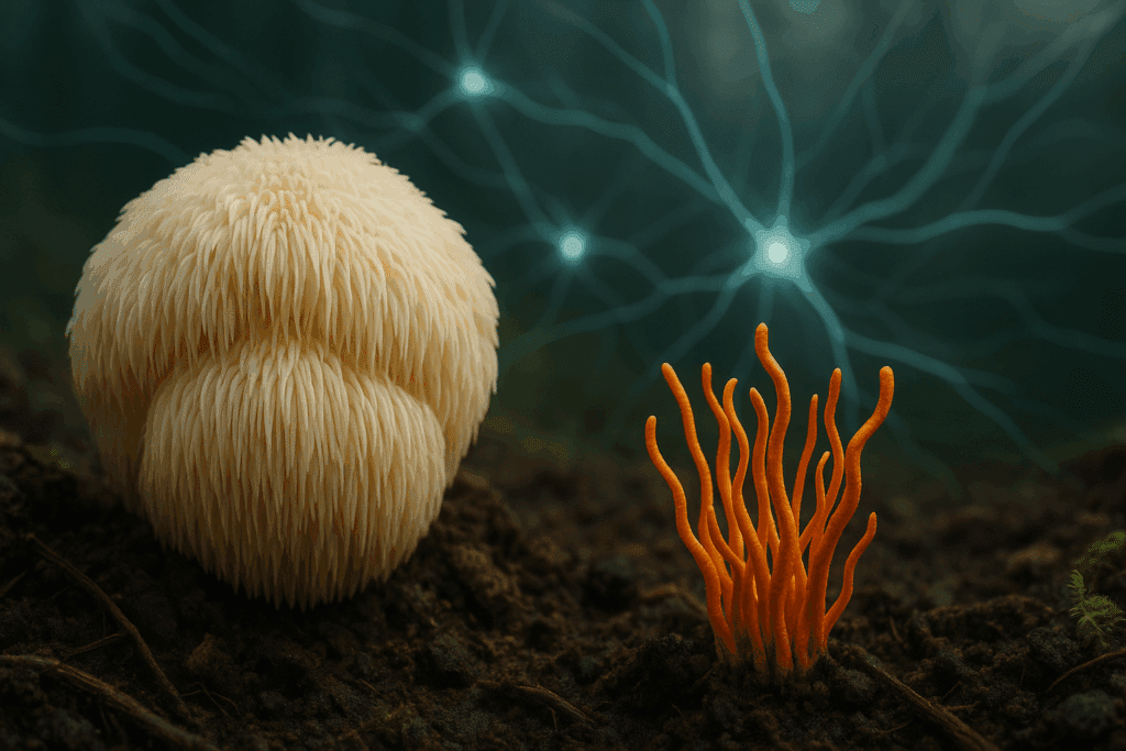 Lion’s Mane and Cordyceps mushrooms growing from forest soil with neural network glow, symbolizing natural mushrooms for lung health.