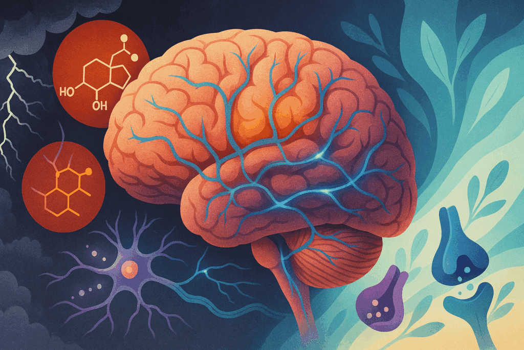 Stylized medical illustration of the human brain highlighting stress-related regions and disrupted neurotransmitters, symbolizing the impact of mushrooms for stress relief.