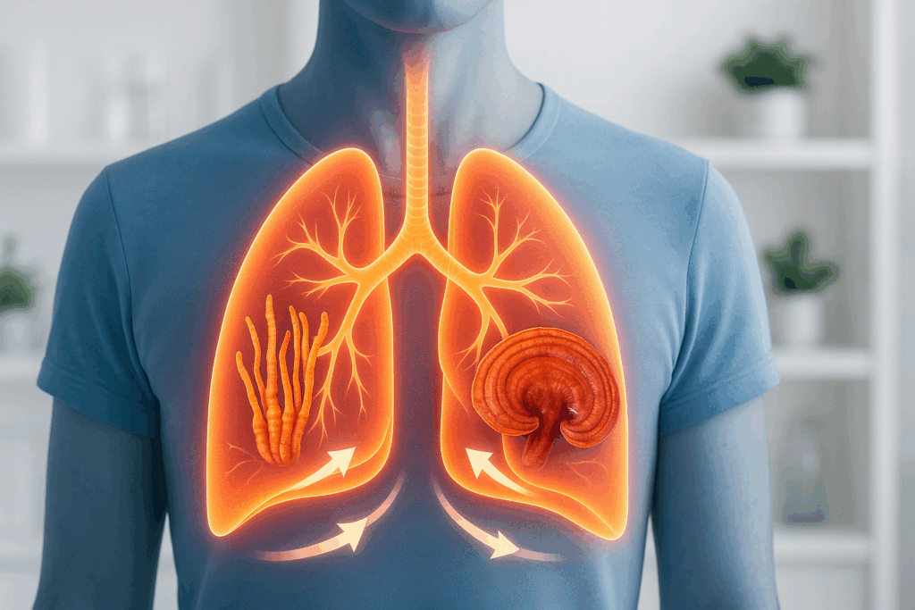 Glowing human lungs with Cordyceps and Reishi mushrooms symbolizing enhanced oxygen flow, illustrating benefits of mushrooms for lung health