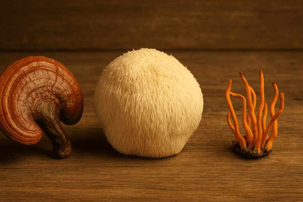 Reishi, Lion’s Mane, and Cordyceps mushrooms displayed on a wooden surface, highlighting natural textures of mushrooms for stress relief